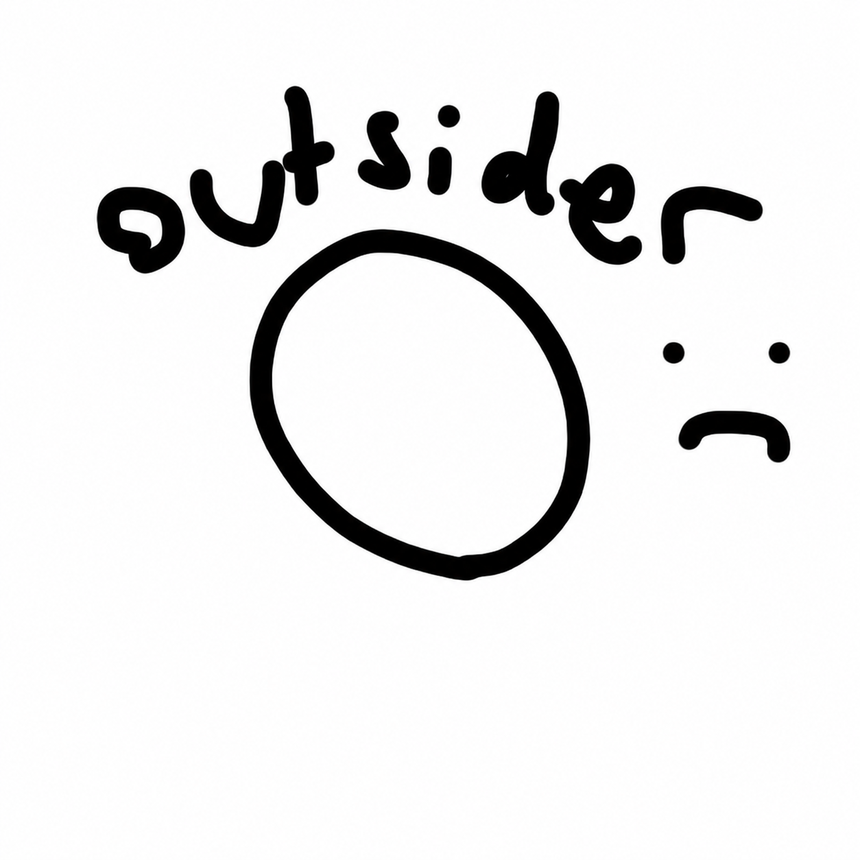 Hand-drawn OUTSIDER logo with a sad face standing outside a circle